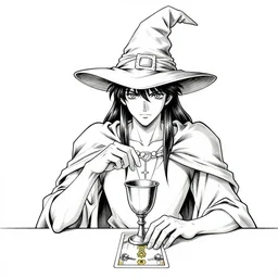 a mystical man with a goblet on the table, wizard hat, drawn by Naoko Takeuchi, impressive line work, tarot card. tarot card the magician, psychedelic, intricate