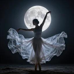 impossible portrait of a beautiful dancer made of wisps and light, backlit by a full moon, by John berkey and Ashley wood