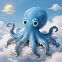 friendly smiling blue octopus in heaven. big eyes. detailed. deep. masterpiece. rene magritte