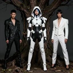 beautiful fashion model with white sci - fi tactical gear, black leather garment, hologram sci - fi hood, full shot fashion photography, dark ancient tree with a big trunk, by irving penn and storm thorgerson, ren heng, peter elson, mass effect concept art