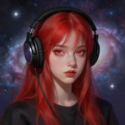 girl with red hair and red eyes wearing headphones with galaxy background. digital painting, by valerian city of a thousand planets, by ruan jin #, by mandy jurgens #, by artgerm #, william - adolphe bouguerea #
