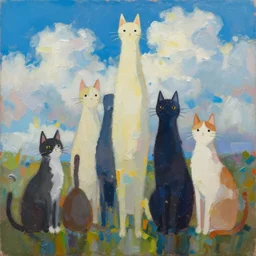 contemporary semi abstract acrylic painting of really tall sitting cats by makoto shinkai, by greg rutkowski, thick brush strokes and visible paint layers, glistening clouds in background