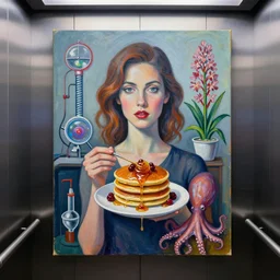 a portrait in an elevator, a woman holding pancakes, honey dripping, berries dripping, scientific instruments, ikebana, octopus, neo - expressionism, surrealism, acrylic and spray paint and oilstick on canvas