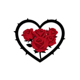 simple black heart enclosing three crimson roses on a bed of thorns. minimalist vector logo on white background.