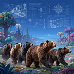 group of bear riders walking through a psychedelic landscape, in the style of Greg Broadmore and Arthur Rackham and Moebius, trending on artstation, light lighting side view,digital art,surrealism ,macro,blueprint ,vaporwave ,