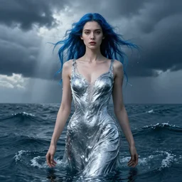 dress made of water, liquid, blue water hair woman, solemn, female, rising from ocean, high detail, high contrast, extreme close up portrait, stormy seas, storm clouds, god rays, d & d, fantasy, elegant, silver blue color palette, cinematic, concept art, annie leibovitz, roger deakins, greg rutkowski, alphonse mucha