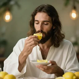 professional photo of jesus eating a lemon, bokeh effect, HDR, 8k