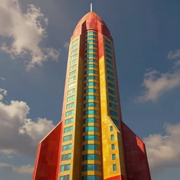 red - yellow - blue building, skyscraper shaped like rocket ship, aquamarine windows, megatall building, colorful building, cel - shading, cel - shaded