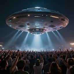 huge mothership UFO hovering over a dancing crowd, crowd arms raised, spotlights shining down, atmospheric, vanishing point perspective, hyper realistic, 8k, epic composition