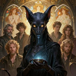 sargent, leyendecker, greg hildebrandt, highly detailed portrait of a magical dark djinn with ebony skin and glowing eyes, stephen bliss, unreal engine, by greg rutkowski, loish, ferdinand knab, ilya kuvshinov, rossdraws, tom bagshaw, alphonse mucha, global illumination, radiant light, detailed and intricate environment