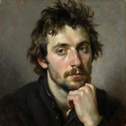 an artistic portrait of a deep thinking man by bastien lecouffe - deharme, oil on canvas, refined features, soft lighting