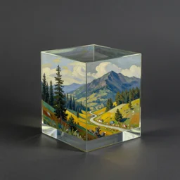 a painting with a glass cube in front of it