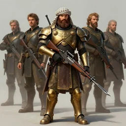 handsome, brown - bearded far - future resistance fighter wearing partial byzantine power armor and shemagh carrying slender laser rifle with bayonet by greg rutkowski, deak ferrand, anato finnstark, and rembrandt