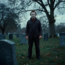 a wide angle movie still from halloween ( 1 9 7 8 ) by john carpenter showing michael myers in the cemetery, horror, uneasy and uncanny atmosphere, shot on celluloid, panavision lenses, 3 5 mm film, anamorphic, oscar winning practical effects
