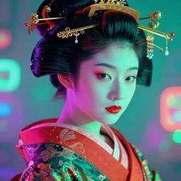 Japanese geisha, illustrated by Greg Rutkowski and Gaston Bussiere, 35mm lens, beautiful macro close-up imagery, vibrantly lush neon lighting, beautiful volumetric-lighting-style atmosphere, a futuristic atmosphere, intricate, detailed, photorealistic imagery, trending on artstation, 4k, 8k