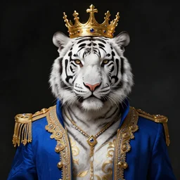 artwork of a white tiger king with gold crown and blue king suit, concept art, super detailed, 4 k hd, trending on artstation, digital painted, low contrast, made by greg rutkowski and viktoria gavrilenko, intricate art