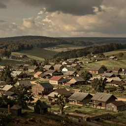 realistic photo of a town, settlement, buildings, detailed scenery, 1800s time period