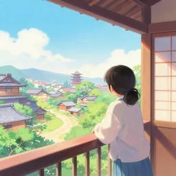 a vibrant dream of looking out from a balcony at a japanese painted lantern shop on a fancy street in kyoto japan during the day, lush plants, magic details, by moebius, edward hopper, james gilleard, and james jean, hd, 8 k, trending on artstation, uhd,
