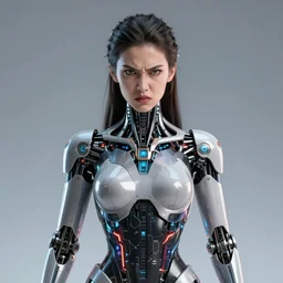 beautiful angry cybernetic goddess, symmetrical, cinematic, hyper realism, high detail, octane render, 8k, cgsociety