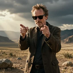 patrick stewart gigachad with sunglasses, doing finger guns