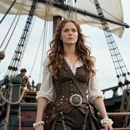 low angle photo of rachel green in a pirate ship, 8 k