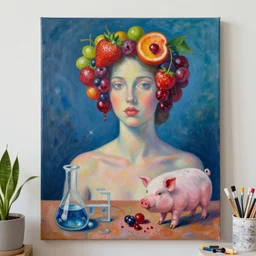 portrait of a female humanoid, fresh fruit, squashed berries dripping, pig, scientific glassware, houseplant, art supplies, led lights, neoimpressionist, surrealism, acrylic and spray paint and oilstick on canvas