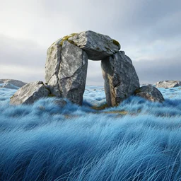 a beautiful render of scandinavian landscape, by greg rutkowski, cgsociety, unreal engine, octane render, withered portal stone, windswept seafoamblue grass dunes, fantasy