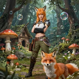 A hyper real comic book style portait painting of an enchanted forest with toadstools and a forest hut. Soap bubbles in the air. A fox is in the foreground, unreal 5, hyperrealistic, octane render, cosplay, RPG portrait, dynamic lighting