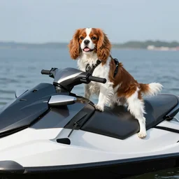 A Cavalier King Charles Spaniel on a Jetski