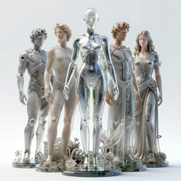 a very beautiful statue made of sparkling glass wearing alexander mcqueen, transhumanism, full body shot, perfect symmetrical body, perfect symmetrical face, hyper realistic, hyper detailed, by johannen voss, by peter kemp, by monia merlo, by michelangelo, by ernst haeckel, by alex grey, octane render, blender, 8 k