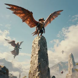 by wesley burt and basil gogos, visually stunning, cinematic, ultra realistic, hyper realism, 1 2 k, epic, octane render, unreal engine, vfx, maya, a small winged creature lands on the very top of the monolith : strong dmt vibes, cowboy plague doctor : kitesail cleric, legion angel : applied biomancy