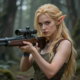 a beautiful female blonde elf holding a sniper rifle, urban fantasy, forest background, digital art, very realistic, highly detailed, by greg rutkowski, by larry elmore, by chris achilleos, trending on artstation