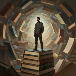 young urban black man standing on a stack of giant books, swirling infinite books, beautiful digital painting, concept art, mysterious and magical, highly detailed, octane render, 8 k, unreal engine. art by artgerm greg rutkowski charlie bowater alphonse mucha