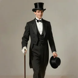 ultra realistic photorealistic portrait of a 1 9 2 0 s era smiling, magician, a tall, thin man, well dressed, slicked - back black hair, long - tailed tuxedo coat, black bow tie, walking stick and top hat, trending on artstation, illustration, digital painting, highly detailed render