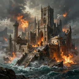 medieval city crumbling into the ocean earthquake fire everywhere, apocalyptic , Game of Thrones, volumetric lighting, fantasy artwork, very beautiful scenery, very realistic painting effect, hd, hdr, cinematic 4k wallpaper, 8k, ultra detailed, high resolution, artstation