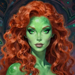 an elegant Redhead Pleiadian alien human beautiful hybrid feminine woman, green skin, feminine face, long gorgeous red hair in loose curls, with stunning green eyes, cute face and a roundish nose, as a retrofuturistic heroine, face and body, gorgeous psychedelic digital painting, artstation, concept art, smooth, sharp focus, illustration, art by artgerm and donato giancola and Joseph Christian Leyendecker, Ross Tran, WLOP