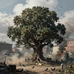 tilt shift, 1 9 1 2 wwi, huge tree in a city, crows, dirt and dust, thick clouds behind, smoke, film still 3 5 mm, 3 2 k, colorized photo, dystopian environment, intricate, highly detailed, painting, artstation, concept, smooth, sharp focus, illustration, artgerm, by zdzisław beksinski