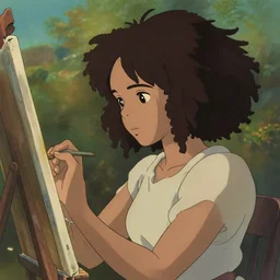 a somali woman with curly hair, painting on a canvas, anime style, studio ghibli, contemplative, beautiful, surreal, detailed, dreamy