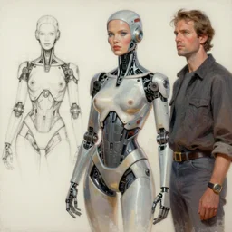 David A. Trampier and Syd Mead Style, 4K HD, Concept Painting of a cyborg woman, sleek, sketch design and oil paint, 80’s style.