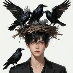 beauty boy with a crows nest on his head, cruelty, black crows, light effect, hyper detailed, intricate, elegant, highly detailed, digital painting, rule 3 4, artstation, concept art, matte, sharp focus, illustration, by dan mumford, yusuke murata, makoto shinkai, ross tran