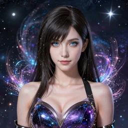 tifa lockhart portrait, in a low cut dress made of aurora, space, cosmic, stars, flares, art by artgerm, wlop, loish, ilya kuvshinov, 8 k realistic, hyperdetailed, beautiful lighting, detailed background, depth of field, symmetrical face, frostbite 3 engine, cryengine,