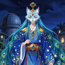 portrait from an anime of an ethereal colorful blue starry fox peacock spirit character accented in gold, golden fangs, wearing star filled magic imbued mage robes, wearing lots of gold jewelry and gems, set in observatory at night, art by yuji ikehata, background art by miyazaki, realism, detailed, proper human proportions, fully clothed