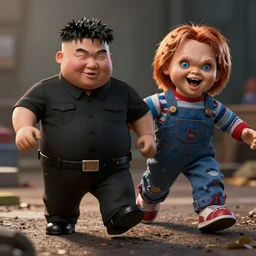 kim jong un doll being chased by screaming chucky doll octane render