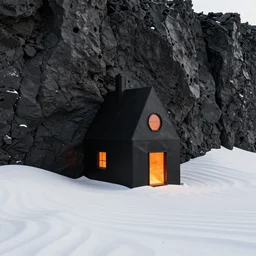tall black geometric house, embedded in lava cliff, full view, black house, molten metal house, minimal, rippled white landscape, dwarven architecture, light from molten iron, octane render, hyper realistic, 8 k, octane render