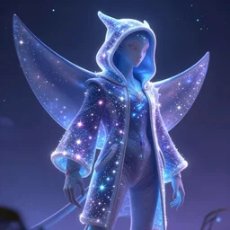 cgi hyperintelligent ethereal manta ray druid from beyond the stars, wearing a massive magically imbued ethereal hoodie, with fairy lights inside the fabric like shimmering stars, fantasy, cgi, proper anatomy, sci fi fantasy, in the style of the dragon prince on netflix, pixar, trending on artstation