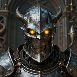 medieval giger closeup face portrait of a demonic brotherhood of steel soldier in armour with yellow glowing eyes, nicoletta ceccoli, mark ryden, lostfish, hyung tae, frank frazetta, depth of field, detailed and intricate gothic environment, 8 k resolution, hyperrealistic, octane render
