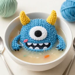 a bowl of soup that looks like a monster, knitted out of yarn