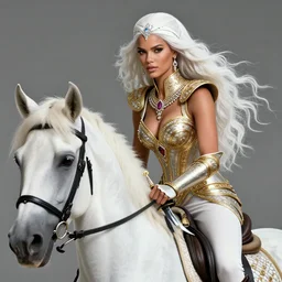 a fantast beauty detailed adriana lima riding a white horse, with a curved sword, platinum white wavy long hair, white headband in the front with diamonds, jewelry body armor in golden and silver colors, pointy ears, detailed, epic masterpiece of cinematographic hyperrealism, realistic shaded lighting poster by craig mallismo, artgerm, jeremy lipkin and michael garmash, unreal engine,