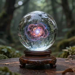 a whole universe inside a cosmic crystal ball standing on a mahogany stand on a table in a secret magical forest. Highly detailed, cinematic quality, 8k