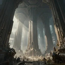 the depths of a vast artificial world with massive towering pillars holding the ceiling of the landscape up, detailed, extreme depth, wayne barlowe and escher collab, godrays, titanic machine automations of brutalist design visible in the foreground